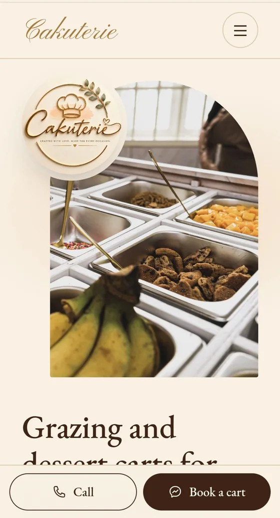 Cakuterie website on a phone, with Call and Book a cart buttons pinned at the bottom